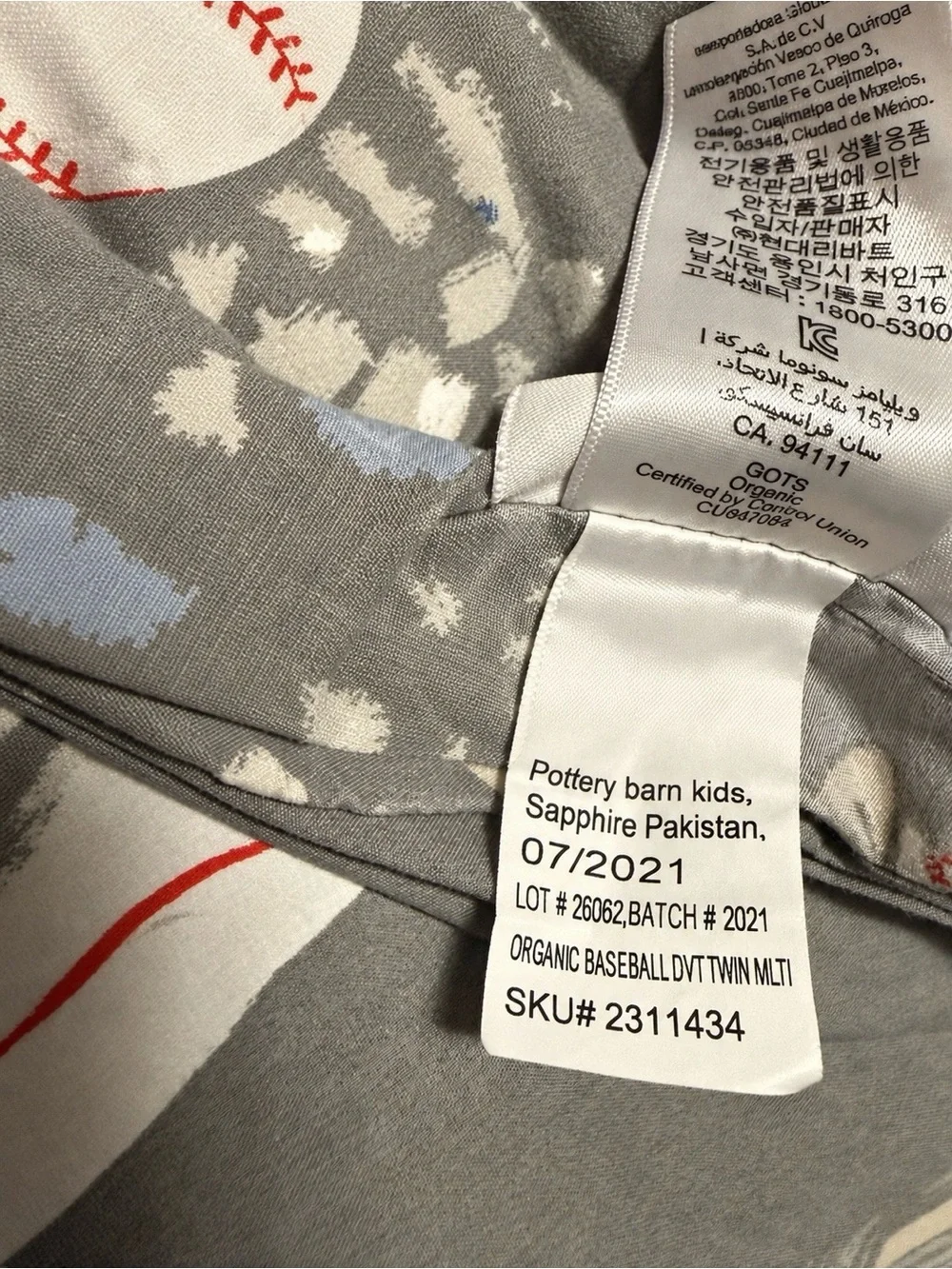 Pottery Barn Kids Gray Baseball Comforter with Blue and Tan Players